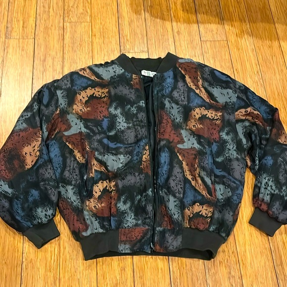 Carol Horn black SILK Bomber ZIP JACKET 90s Tan Gray Blue brown ART to wear LRG - Picture 1 of 16